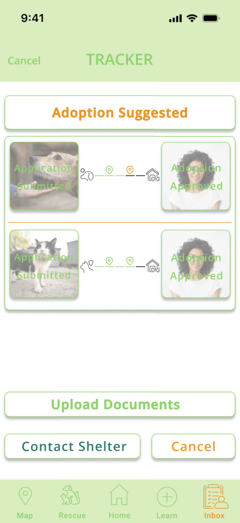 This page uses icons and progress bars to show how far along the user is in the adoption process. By clicking the available buttons, they can view detailed steps, upload documents, or contact a shelter for more information.