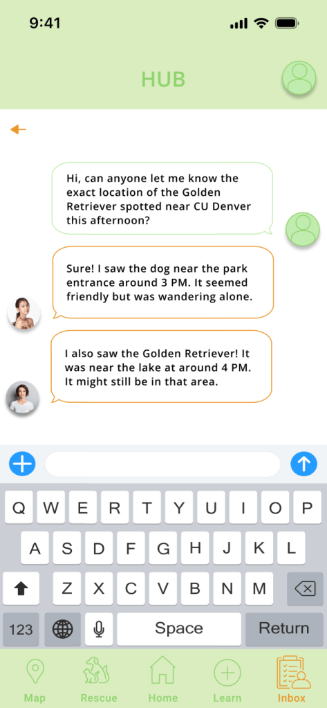 This page provides a community discussion area. Users can click on the input box to send messages, exchange location details, and collaborate with others to address stray animal issues.