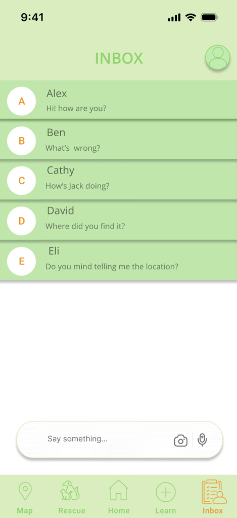 This page shows the user’s message list. By selecting a conversation, users can see detailed exchanges, share tips about stray animals, or ask for help from others.