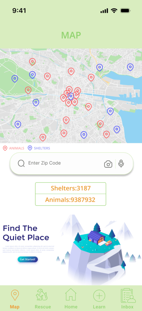 This page shows an interactive map with markers for animals and shelters. Users can enter a zip code or click on markers to locate resources quickly, making it easier to plan rescue efforts.