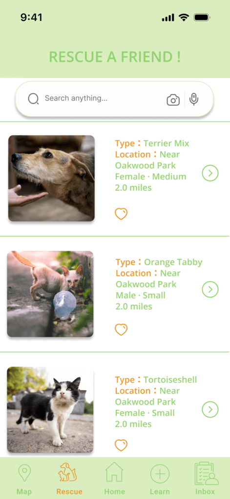 On this page, users can view a list of stray animals found nearby. By clicking on an animal’s image or name, they can see more details. This helps users find and help animals in need more effectively.