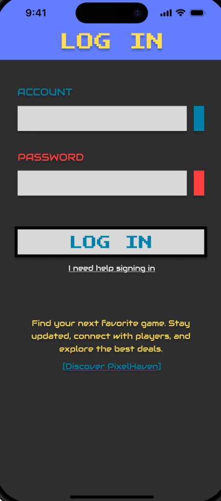 Login screen with input fields for account and password, a login button, and a prompt for help signing in.