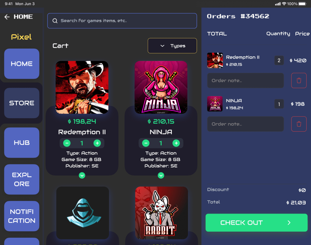 Cart and checkout interface showing selected games, quantities, and total order summary with sidebar navigation.