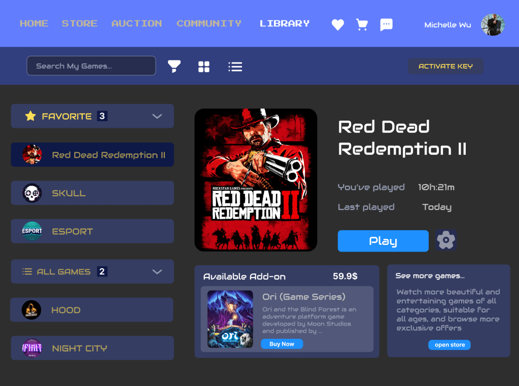 Library screen showing user's favorited and owned games with play time tracking and add-on options.