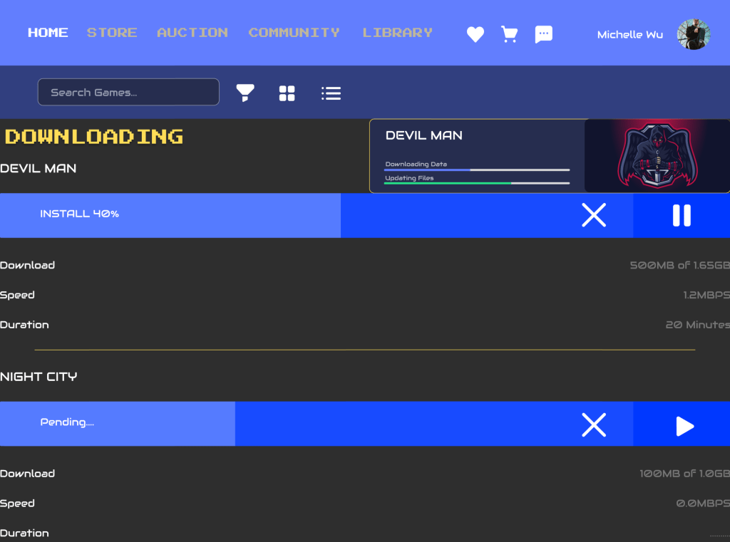 Download page showing game installation progress bars and file update statuses.