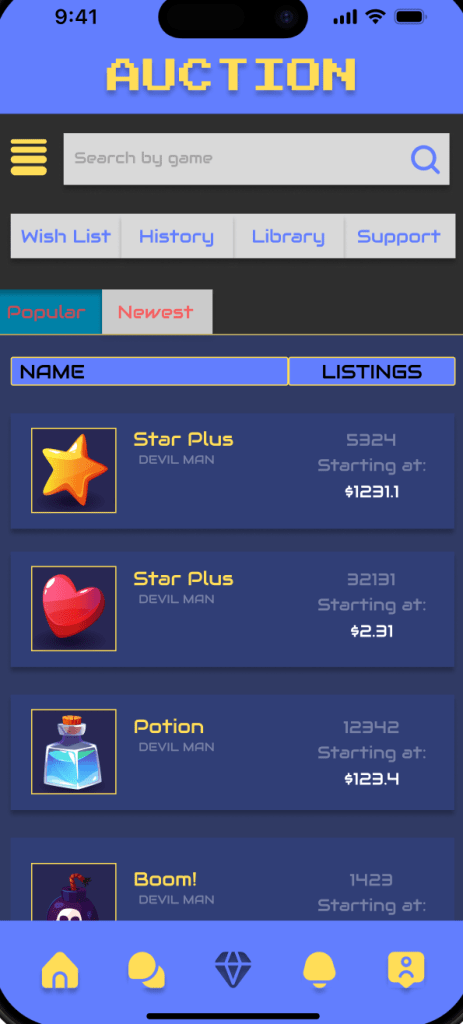 Auction listings with product icons, names, prices, and category tabs including wishlist and history.