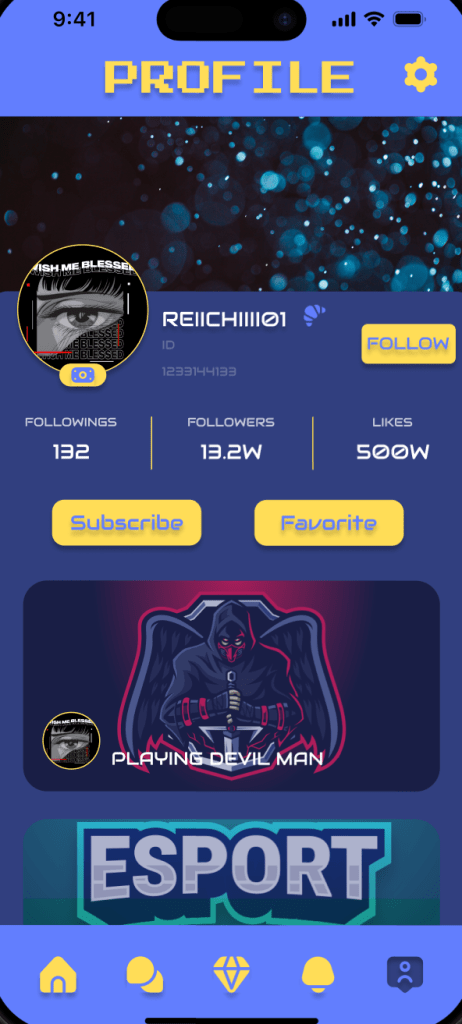 User profile page showing avatar, username, follower stats, and currently played game.