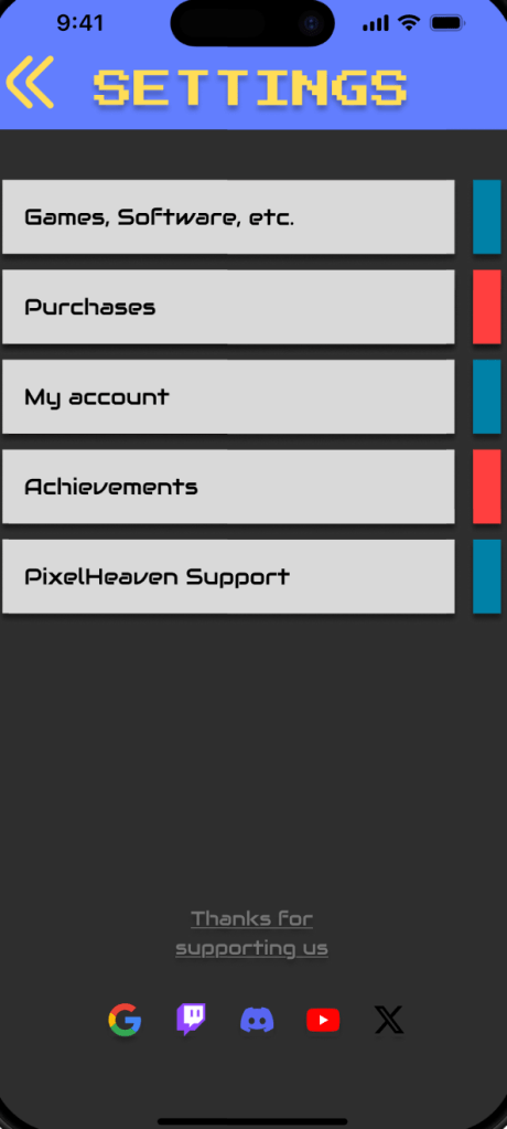 Settings screen listing options for managing purchases, achievements, and customer support.