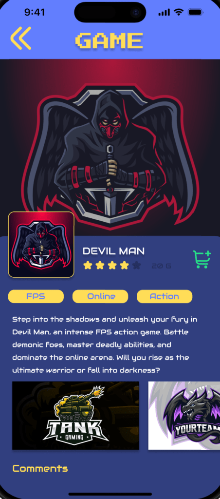 Detailed game page with game image, rating, description, and options to purchase or comment.