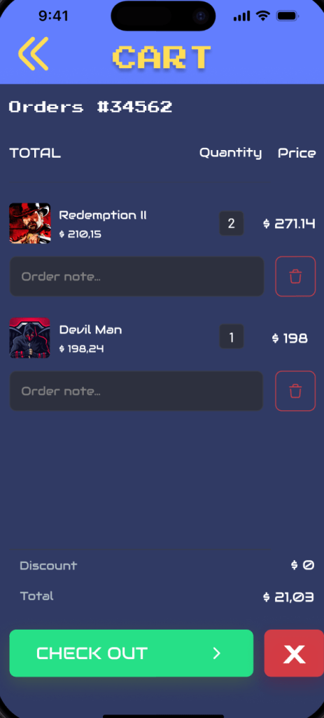 Cart page listing ordered games with quantities, prices, and checkout buttons.