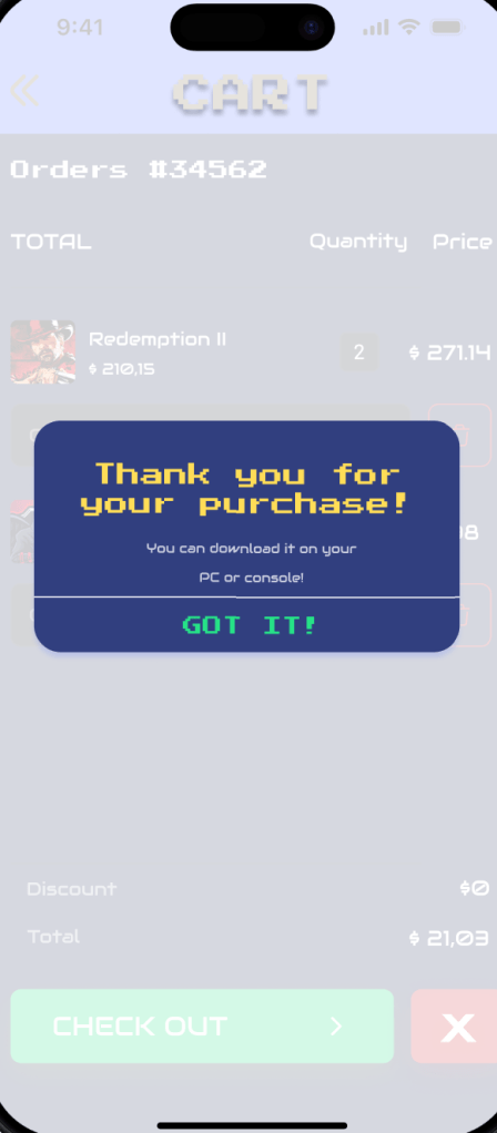 Purchase confirmation screen with order ID and thank-you message after checkout.
