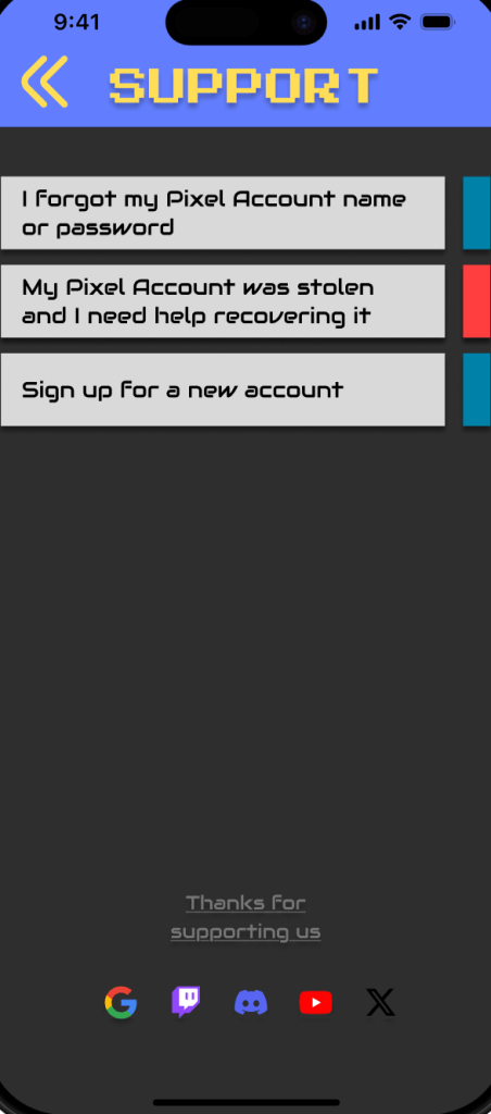 Support screen offering three options: recover account name/password, report stolen account, or sign up for a new account.
