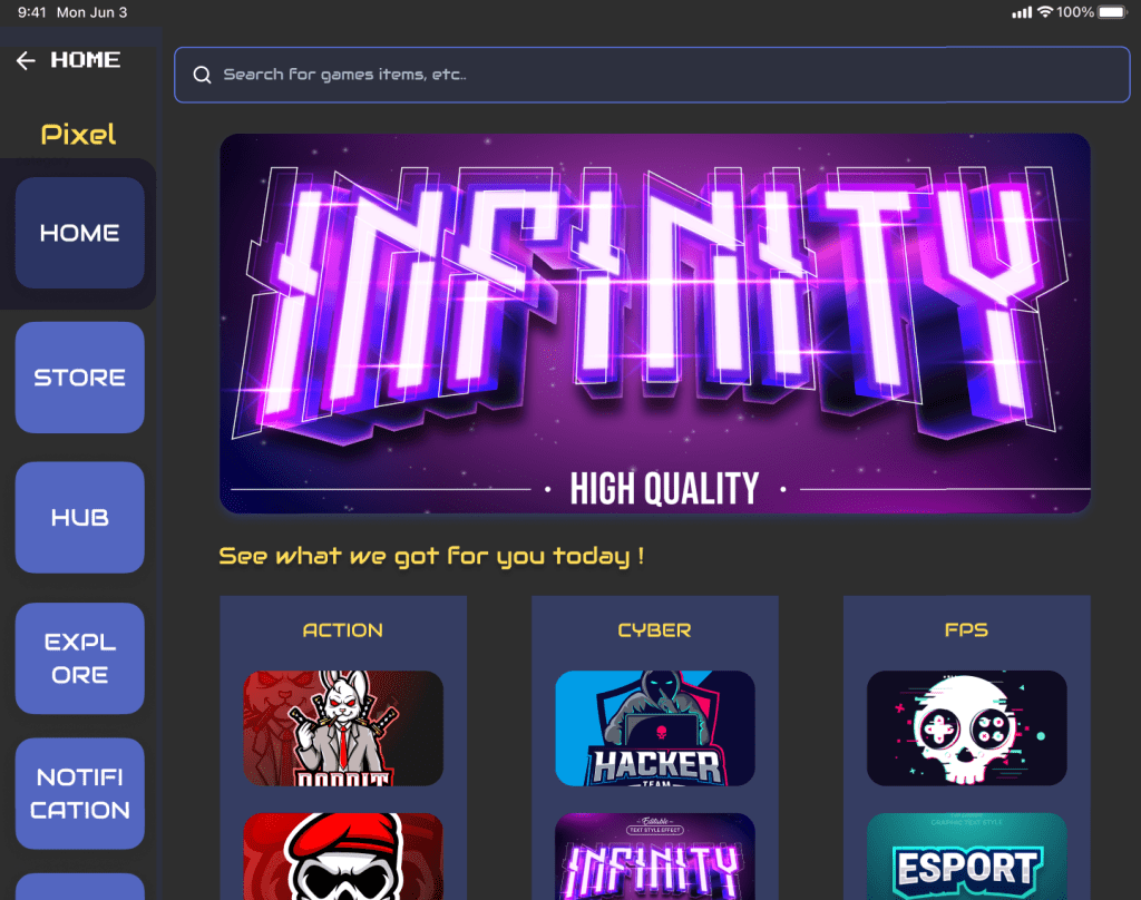 TV home screen highlighting a featured game banner, followed by categorized game recommendations.