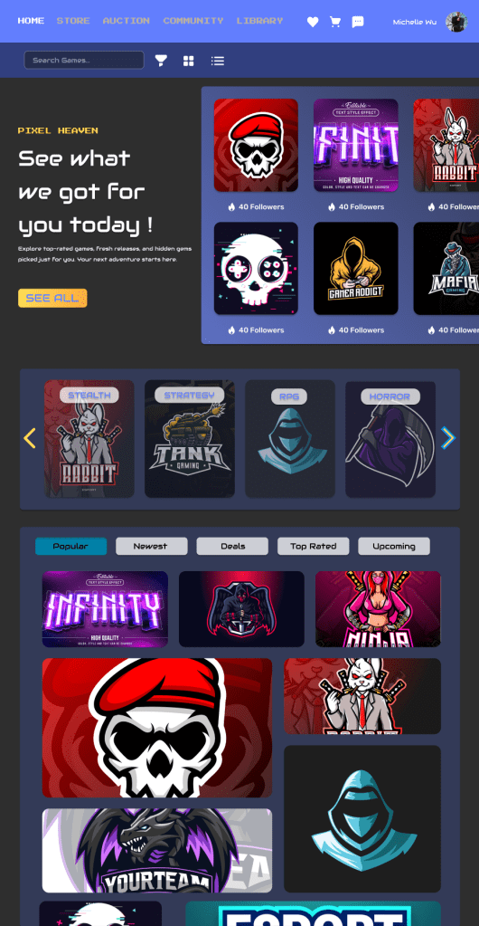 Home page showcasing recommended games, trending categories, and top-rated game tiles with filters.