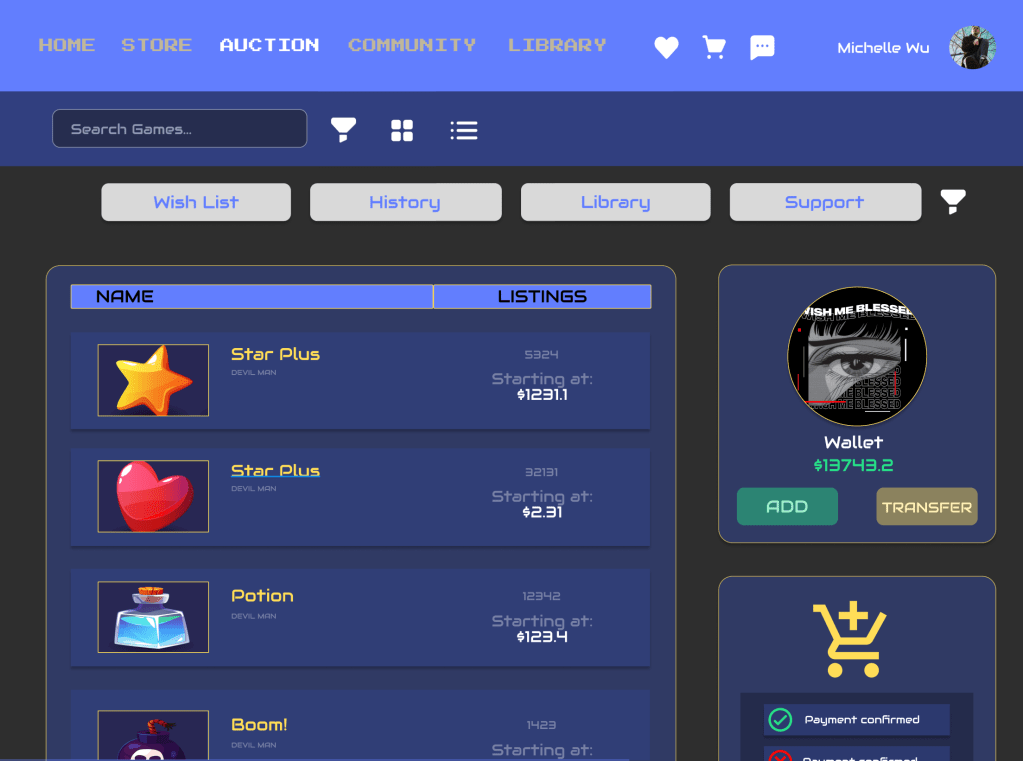 Auction listings with item names, prices, and wallet balance displayed on the right panel.