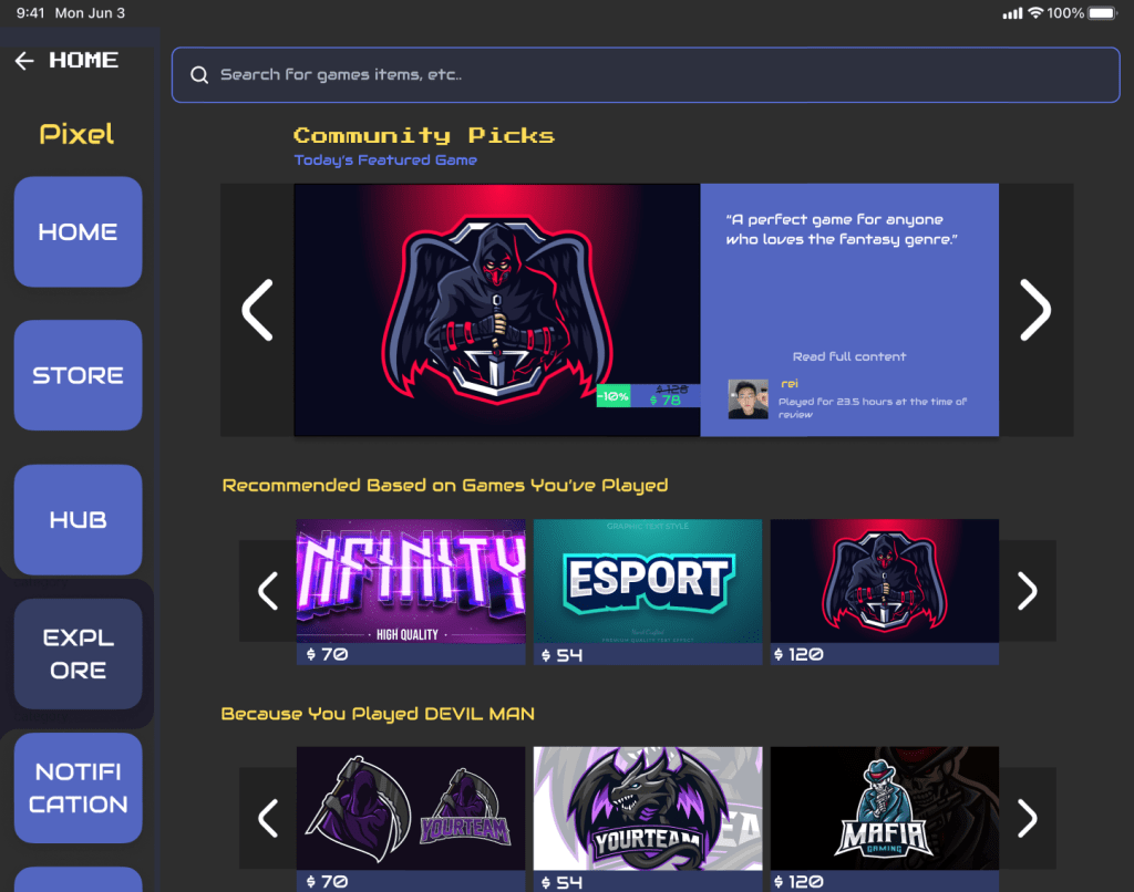 Personalized recommendation screen featuring a carousel of featured, suggested, and history-based games.