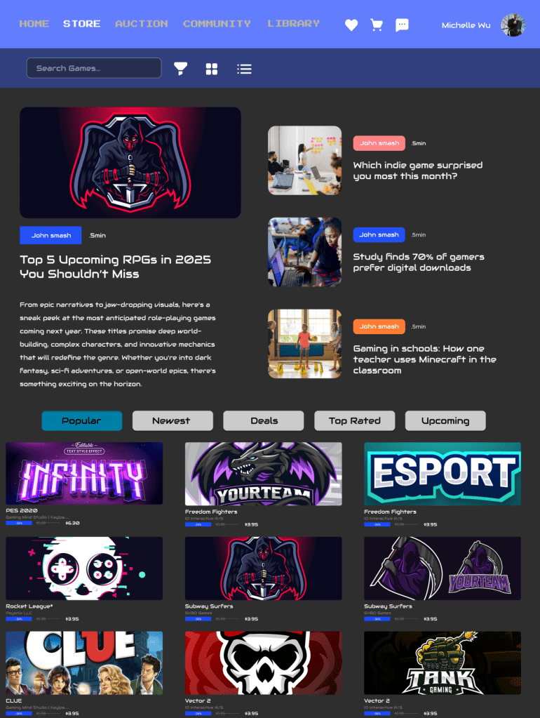 Store interface showing featured game article with user comments and a grid of popular game listings.