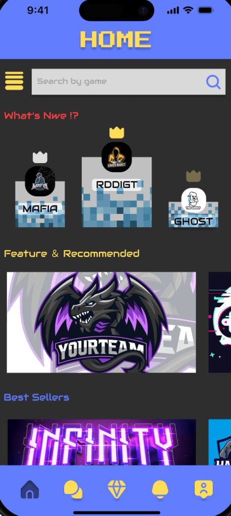 Homepage displaying trending games, recommended titles, and a search bar for discovering games.