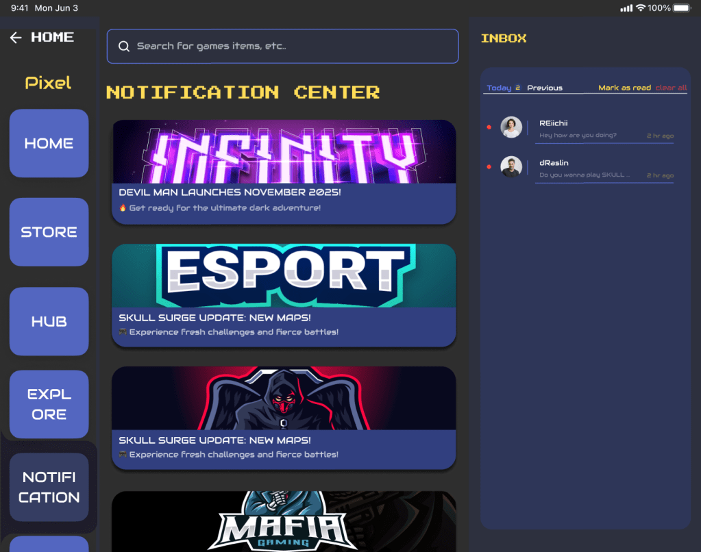 Notification center with recent game updates and a message inbox displayed on the right panel.