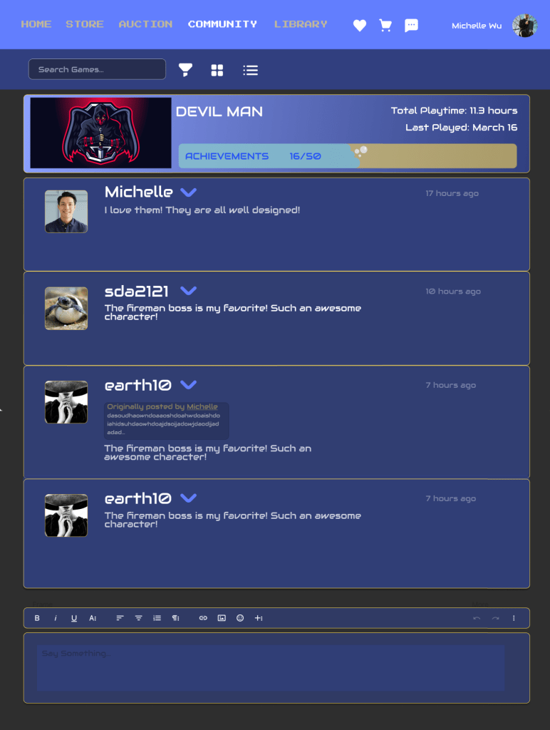 Game-specific community thread with user replies and achievement tracker at the top.