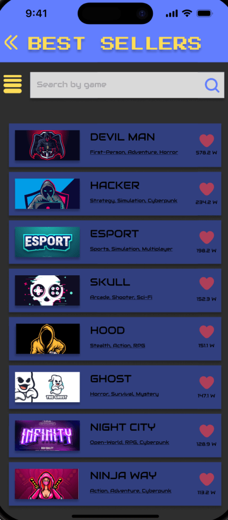 Best sellers page listing popular games with icons, genres, and favorite (heart) buttons.