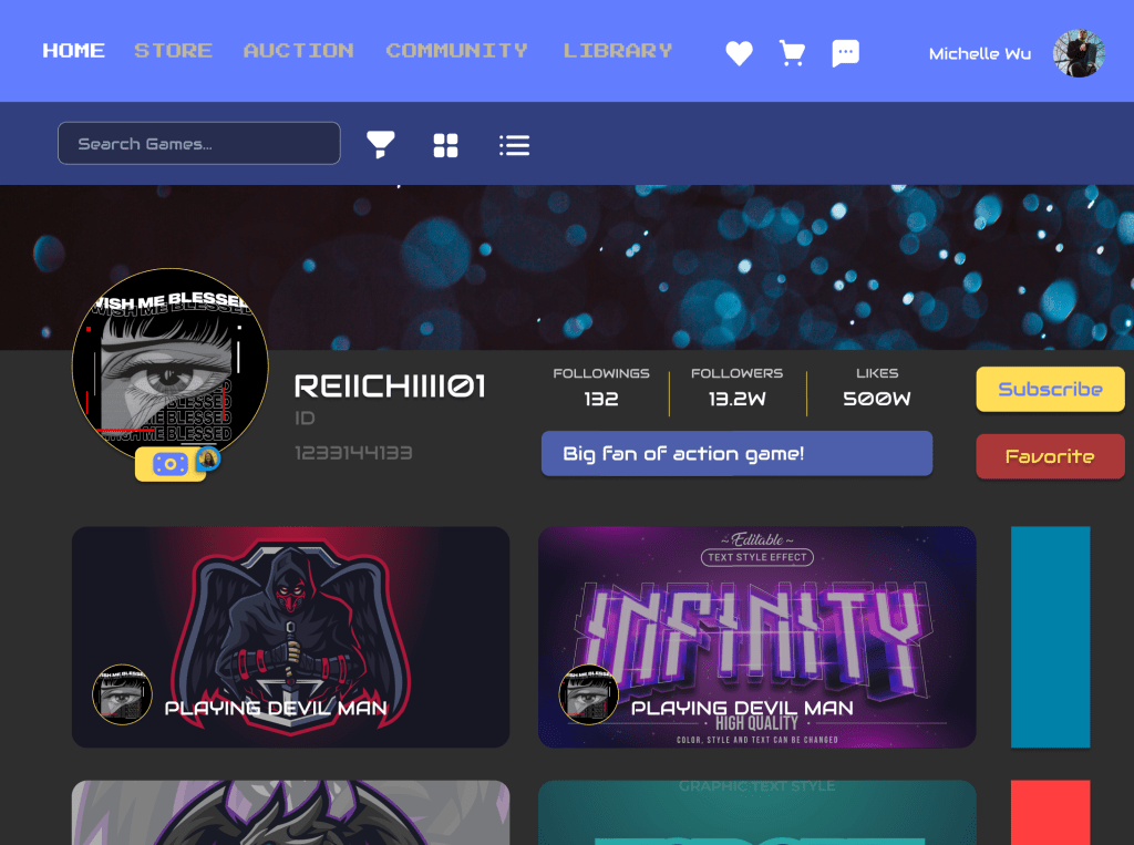 User profile displaying stats, followed games, and current playing activity.