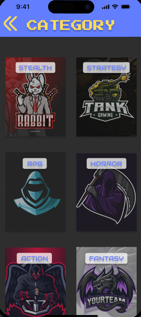 Game category selection screen with icons for different genres like Stealth, Strategy, RPG, Horror, etc.