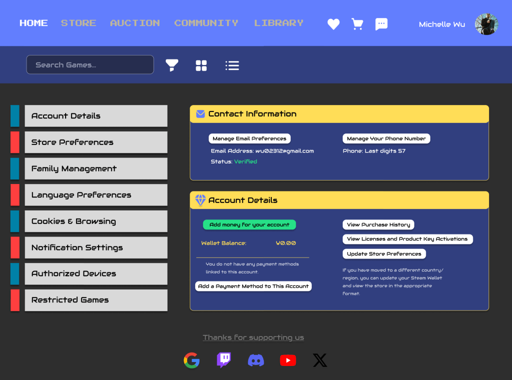 Account settings page with various preferences, contact information, and store options.