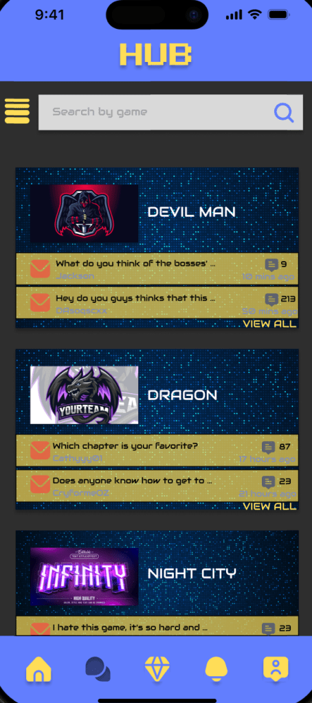 Community hub overview showing discussion threads for different games with preview comments and reply counts.