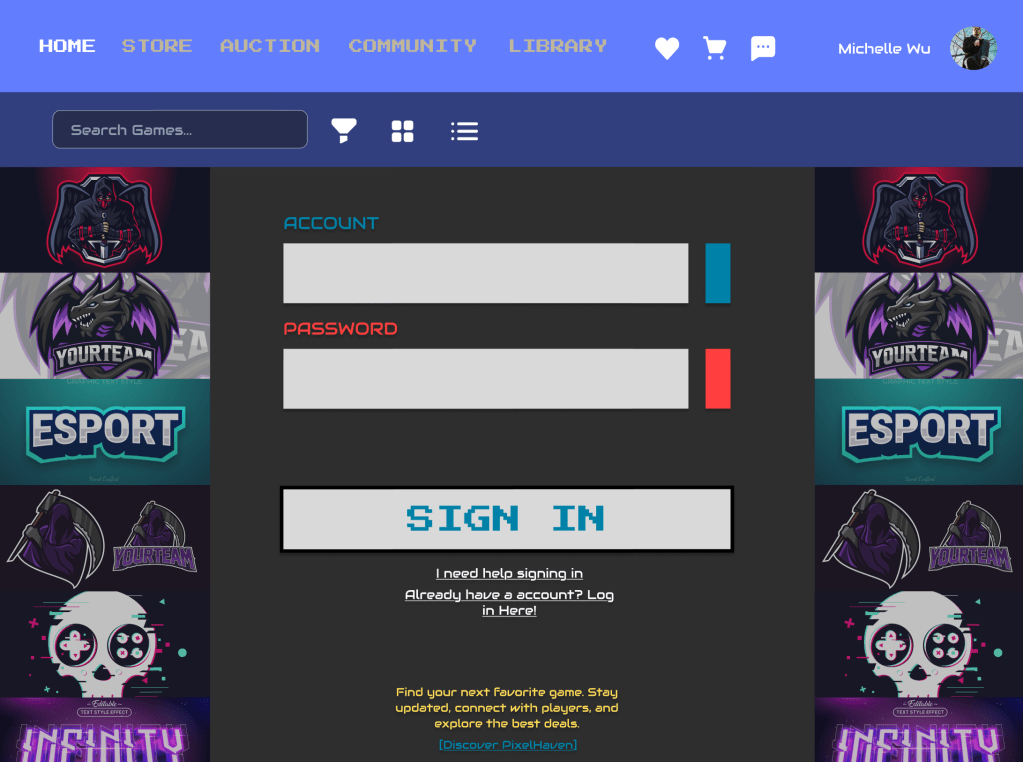 Sign-in screen with account/password fields and themed side illustrations.