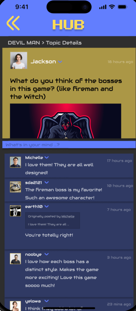 A discussion thread screen showing detailed post content, user replies, and a comment input field.